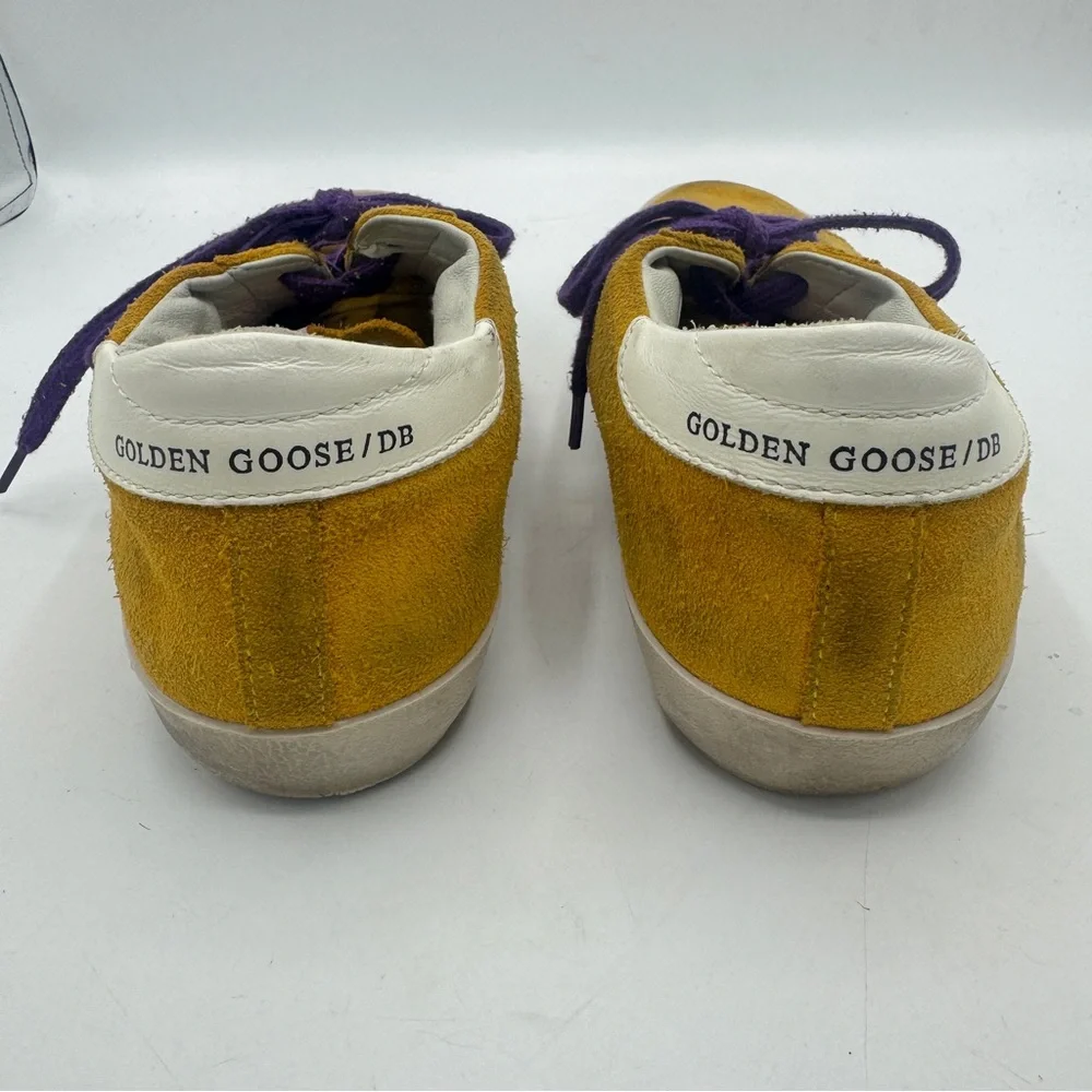 Golden Goose Yellow Suede Sneakers with Purple Laces and Teal Star
